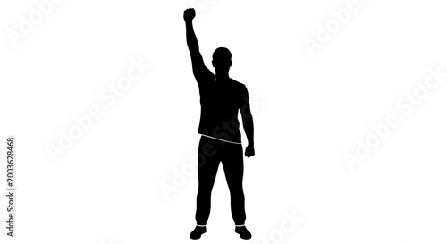 Professional vector graphic illustration showing a triumphant male silhouette standing with his arm raised high to represent personal victory or a successful protest for human rights
