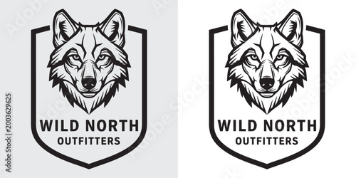 Majestic Wolf Head Shield Logo Design for Wild North Outfitters