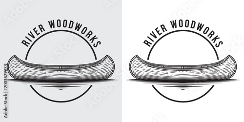 Rustic Hand Drawn Wooden Canoe Illustration for River Woodworks Logo