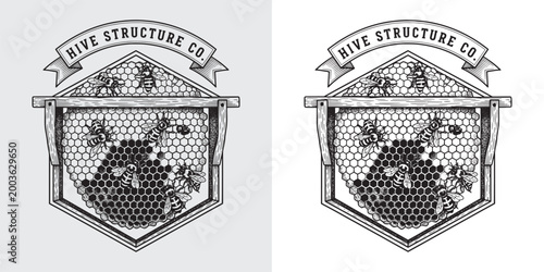 Intricate Honeycomb and Bees Vintage Illustration for Hive Structure Co