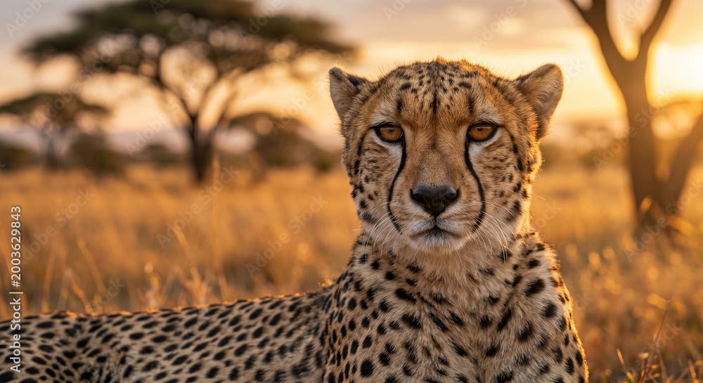 Fototapeta premium Powerful cheetah portrait in savanna at dusk with hyper-realistic details and sunset bokeh