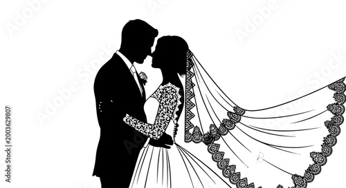 Elegant vector illustration of a bride and groom embracing romantically on their wedding day