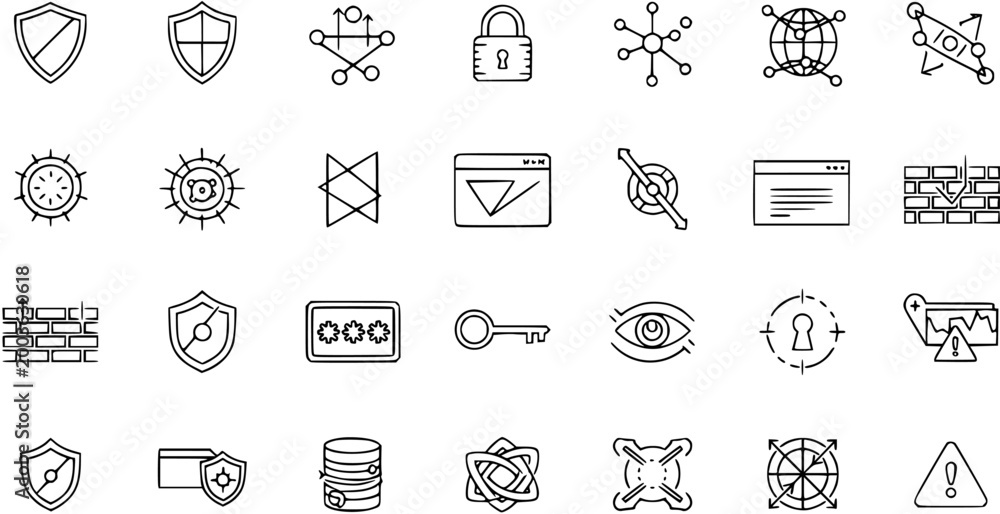 Fototapeta premium Cybersecurity Icons: Shields, Locks, Networks, Firewalls - Line Art