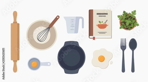 An eye-level shot captures a collection of essential culinary tools and ingredients, offering a visual feast of baking instruments. From a rolling pin to a measuring cup.