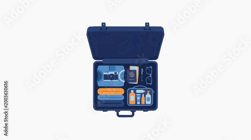 An open suitcase reveals essential travel items, passport, and camera, hinting at exciting adventures, travel, journey and exploration.