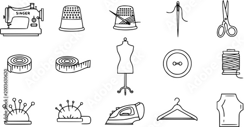 Foto Sewing and Tailoring Icons Set: Black and White Line Art Vector Graphics