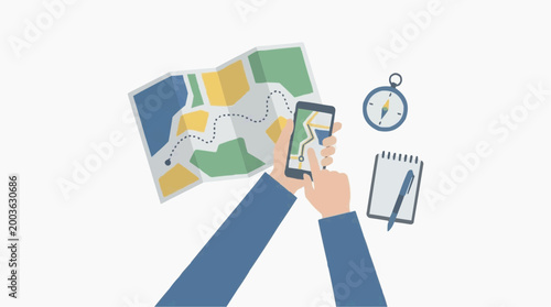 Navigating the path to adventure: A person's hands delicately interacting with a smartphone displaying a map and route, alongside traditional tools such as compass, journal and unfolded map.