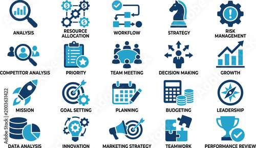Business Strategy and Analytics Icons Set with Workflow Planning Risk Management Leadership Growth and Team Collaboration Concepts