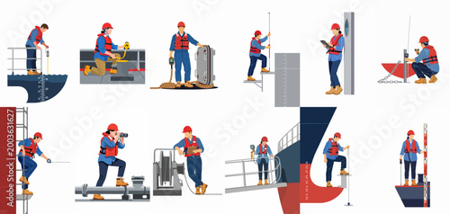 Set of vector illustrations showing maritime workers and marine surveyors performing various inspections, measurements, and draft surveys on a cargo ship.
