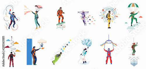 A set of illustrations showcasing various extreme aerial sports including skydiving, wingsuit flying, base jumping, and skysurfing with creative abstract elements.