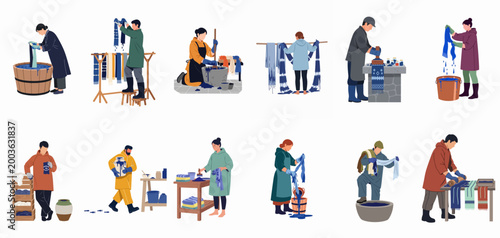 Flat vector illustration set of people performing traditional fabric dyeing techniques with indigo blue, showing various stages of the manual textile process.