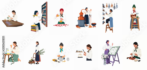 Foto Set of illustrations featuring women perfumers creating scents, distilling botanicals, mixing essential oils, and working with natural ingredients in a laboratory setting