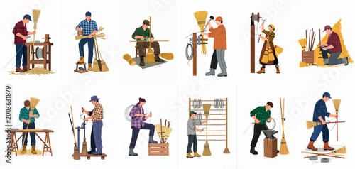 Collection of illustrations showing people engaged in the traditional craft of handmade broom making using straw and wood.