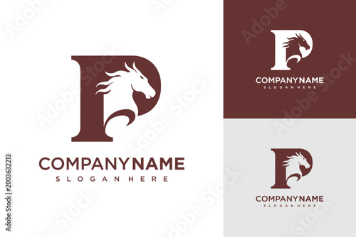Foto A maroon and white logo features a horse head inside a letter P on a business card template with company name and slogan