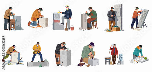 Quadro em tela Set of male stonemasons and sculptors working on stone blocks with hammers and chisels, isolated on white background