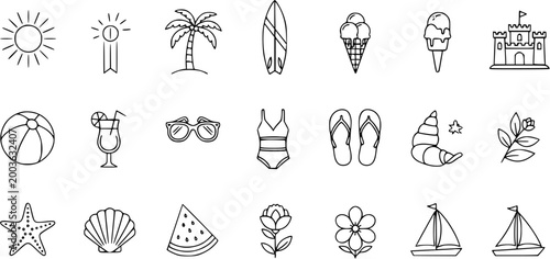 Summer Beach Icons Black and White Line Art Vector Set