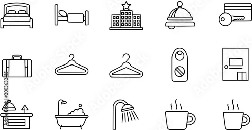Hotel and Hospitality Industry Line Art Icons Set. Simple Outline Glyphs for Accommodation, Travel, and Services.