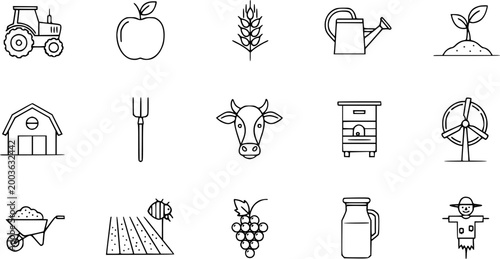 Black and White Line Art Icons of Farming, Agriculture, and Rural Life: Tractor, Apple, Wheat, Cow, Barn, Scarecrow, and more.