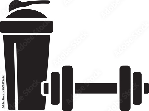 Fitness Protein Shaker Bottle and Dumbbell, balck icon silhouette vector