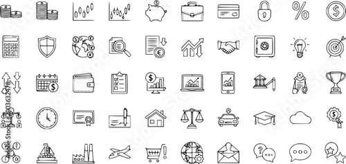 Business Finance Icons - Black and White Line Art Set
