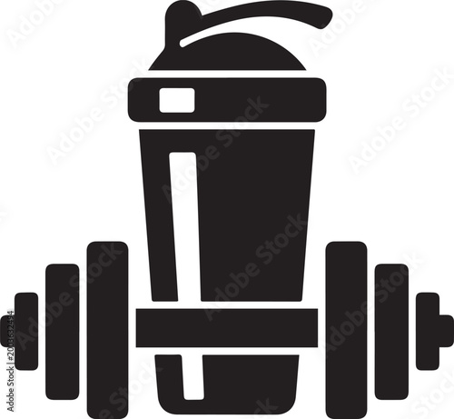 Fitness Protein Shaker Bottle and Dumbbell, balck icon silhouette vector