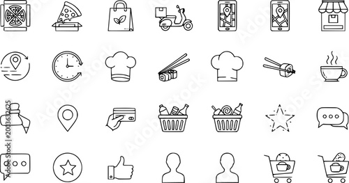 Food Delivery Icons Set: Pizza, Delivery Scooter, Map, Chef Hat, Shopping Cart, Coffee Cup