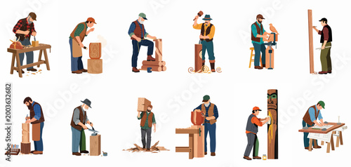 Collection of professional woodcarvers and carpenters in flat illustration style, showcasing various woodworking crafts including carving, measuring, and building.