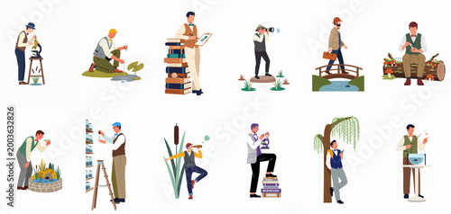 Flat vector illustration set of vintage male naturalists and biologists conducting scientific research in nature and laboratory settings.