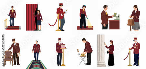 Illustrations of cinema and theater staff in maroon uniforms performing service tasks like ticket checking, guiding guests, and managing seating in a luxury setting.