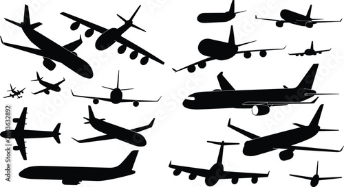 Airplane silhouettes collection in dynamic flying angles isolated on white background for aviation transport and travel design use