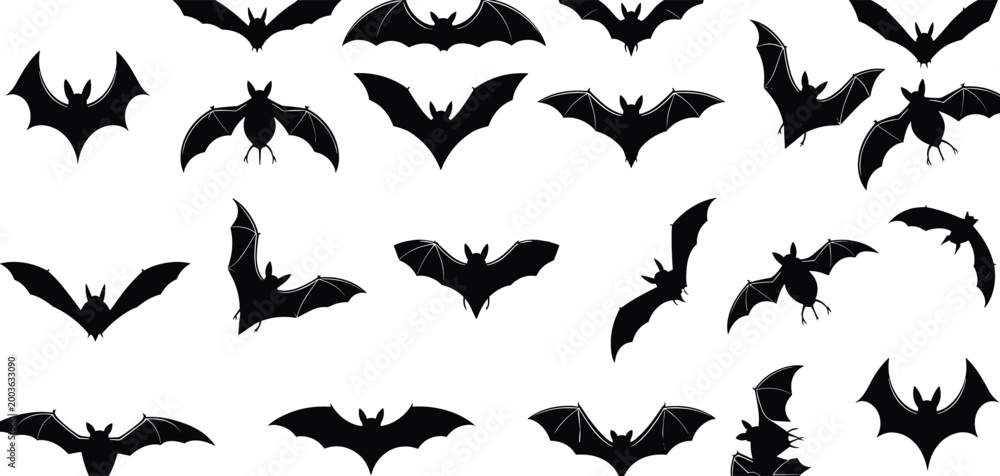 Fototapeta premium Bat silhouette collection with flying black bats isolated on white background for Halloween design and decoration