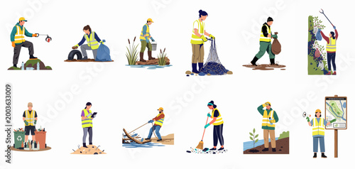 Illustration set of environmental volunteers and workers performing various cleanup and restoration tasks like trash collection, recycling, and habitat protection.