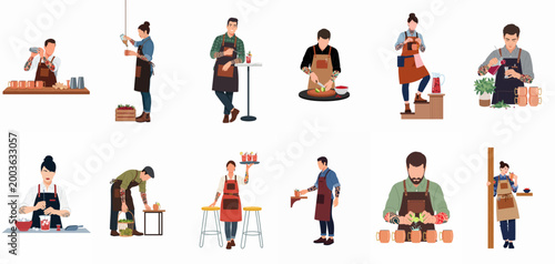 Diverse collection of professional bartenders with tattoos preparing and serving craft cocktails, flat vector illustration set isolated on white.