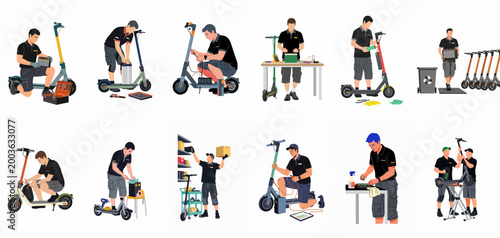 Set of professional technicians performing various maintenance and repair tasks on electric scooters, including battery changes, diagnostic tests, and mechanical fixes.