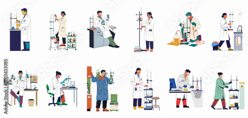 Set of diverse scientists and lab researchers conducting various experiments and chemical tests in a modern laboratory environment, flat vector illustration.