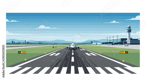 Εκτύπωση καμβά Airplane taking off from the runway at the airport with a control tower in the b