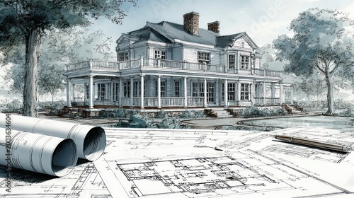 Architectural rendering of a grand residential estate with blueprints and drafting tools in the