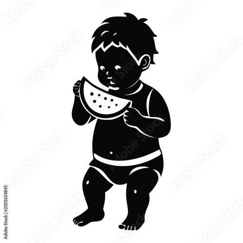Toddler enjoying watermelon slice while standing in playful pose. Toddler is happily holding up watermelon piece, showing cheerful expression, illustrating joyful eating moment.