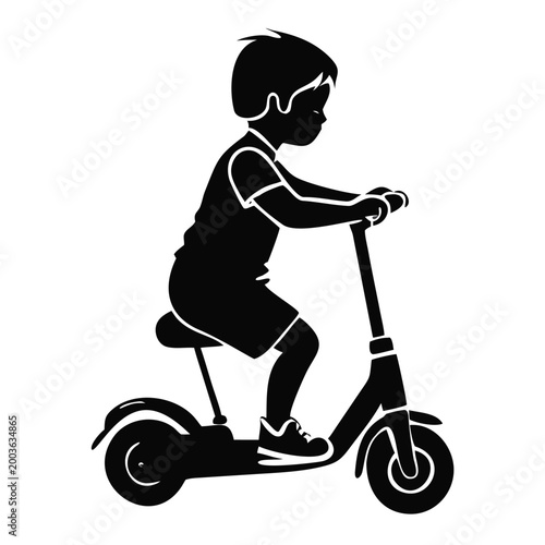 Toddler riding scooter in profile, showing dynamic posture and playful spirit. Toddler features short hair and casual outfit, highlighting active lifestyle.