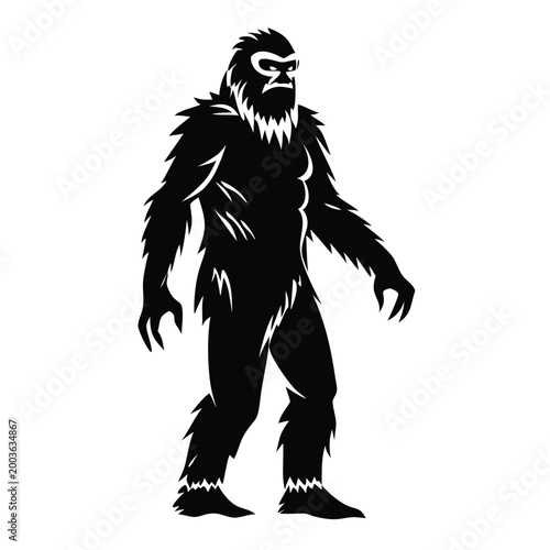 Mysterious yeti creature silhouette standing in wilderness. Yeti features large muscular build with thick fur and menacing expression.