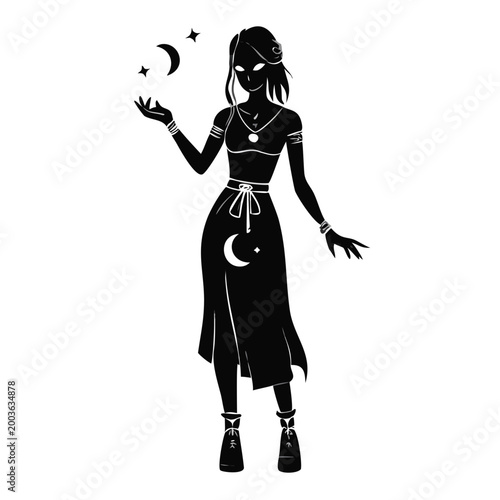 Wicca girl silhouette with moons and stars in flowing dress, embracing mystical elements, exuding magical confidence and charm. Concept wicca girl captures essence of spirituality and nature.