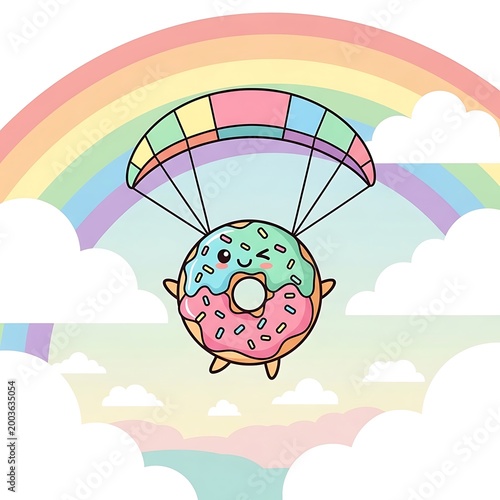 A cartoon donut with sprinkles and frosting, smiling, parachuting with a rainbow and clouds in the background