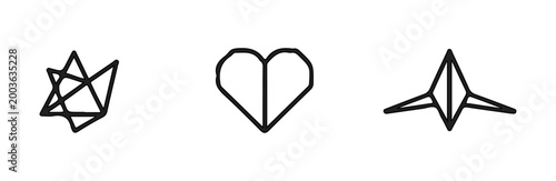 Abstract geometric line art icons set with irregular star heart and flying shape on white backdrop