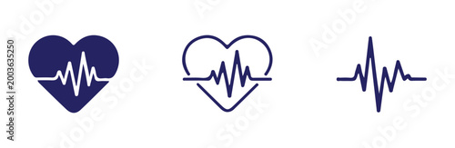 Heartbeat line in solid dark blue heart and standalone pulse rhythm, medical vital sign monitoring