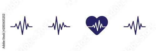 Navy blue cardiogram icons set with heartbeat waves and heart symbol for medical diagnostic tools
