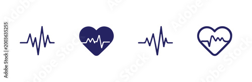 Medical heartbeat lines in dark blue, standalone pulse rhythms and within heart shapes