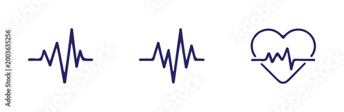 Dark blue medical heartbeat lines, two standalone pulse rhythms and one within heart shape