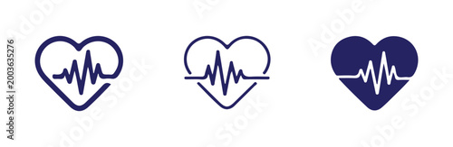 Medical heartbeat line within outlined heart shape and two variants in solid dark blue heart