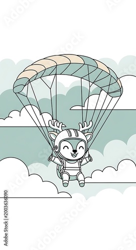A cartoon deer with antlers, wearing a helmet, joyfully floats down from above on a parachute among stylized fluffy white clouds