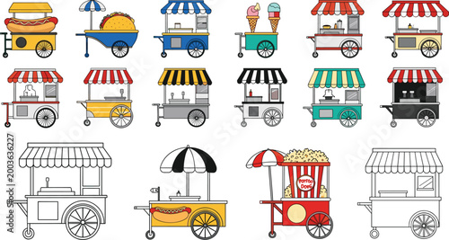 Street food cart vector illustration set with hot dog, taco, popcorn and mobile vendor stalls, colorful market kiosk collection isolated on white background
